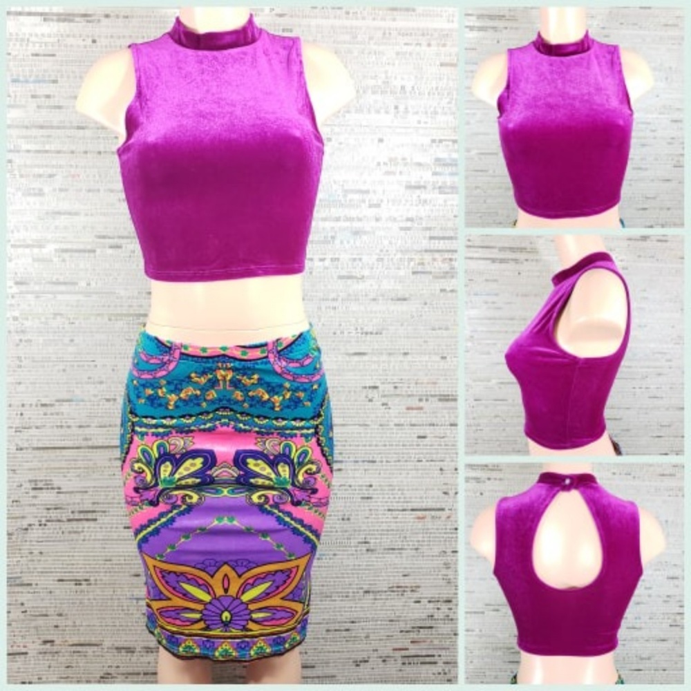 Solemio LA Purple Faux Velvet Choker Crop Top